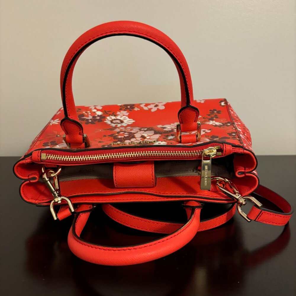 Michel Kors Kellen Red Sangria Floral Saffiano Leather Satchel Crossbody - Picture 6 of 12